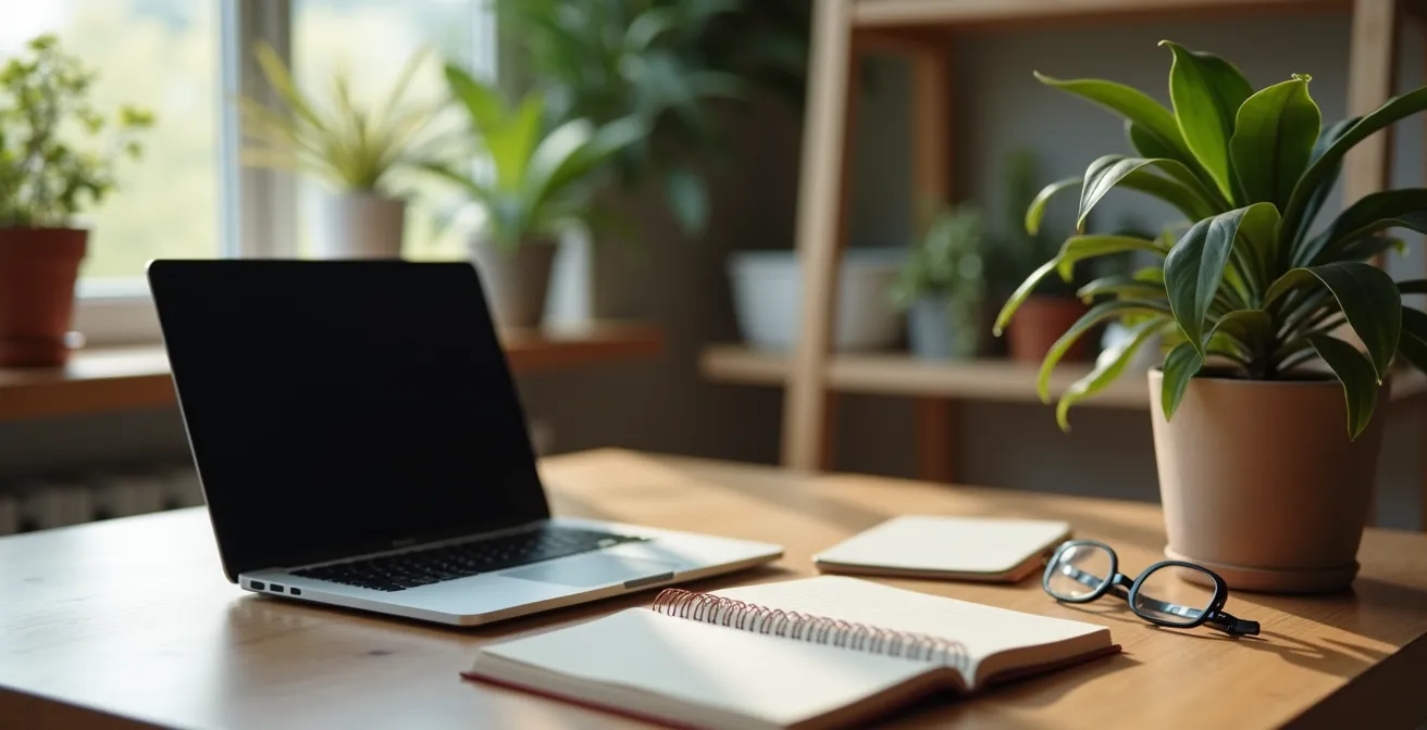 Intérieur lumineux d'un bureau à domicile cosy, avec décoration moderne, lumière naturelle douce et ambiance tranquille