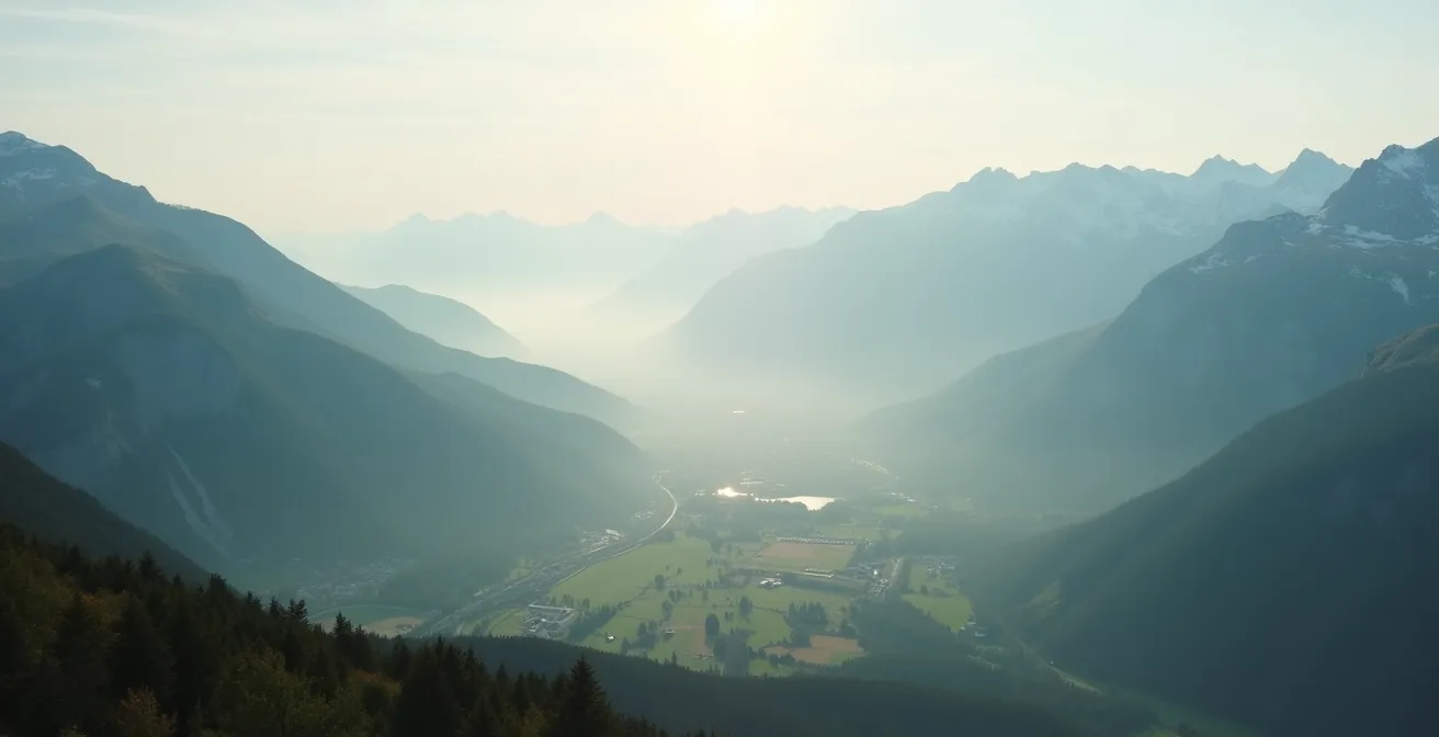 Vue aérienne des zones frontalières avec cercles concentriques indiquant les temps de trajet