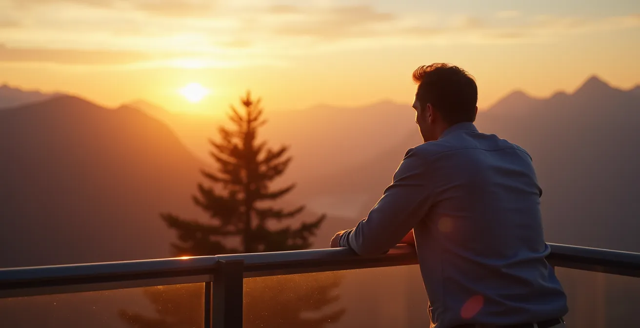 Personne contemplative sur un balcon avec vue sur les montagnes au coucher du soleil