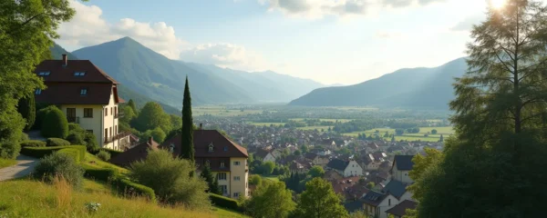 Vue panoramique artistique de Neydens avec un paysage naturel apaisant, route menant vers Genève en arrière-plan, ambiance lumineuse douce et équilibrée