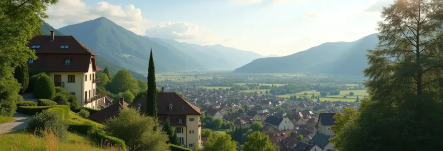 Vue panoramique artistique de Neydens avec un paysage naturel apaisant, route menant vers Genève en arrière-plan, ambiance lumineuse douce et équilibrée