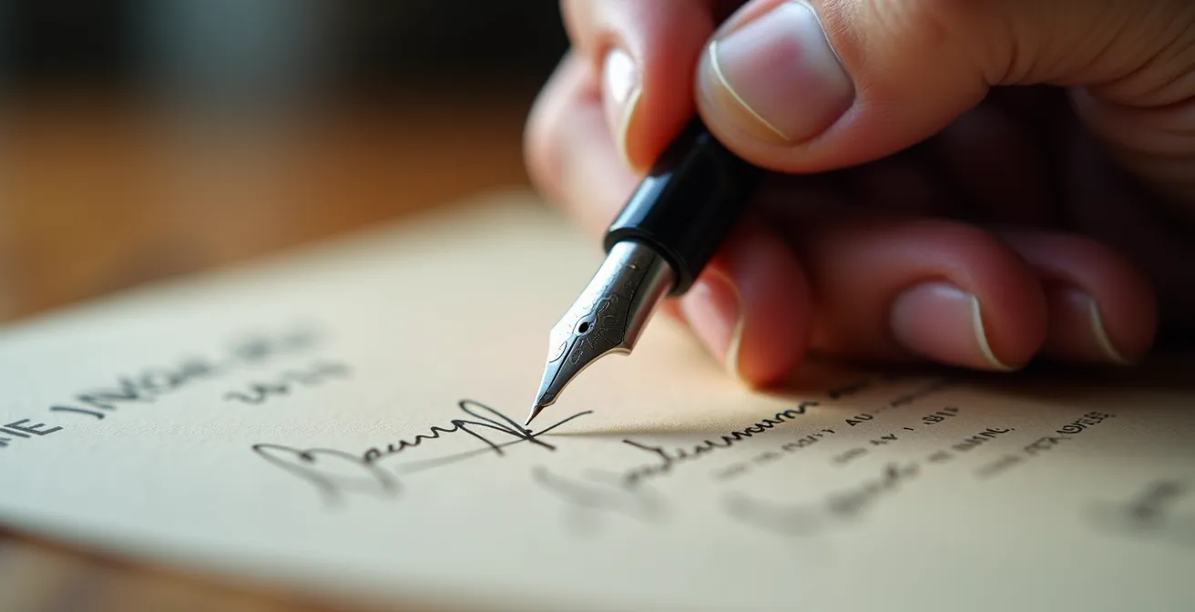 Gros plan sur une main signant un document avec un stylo plume
