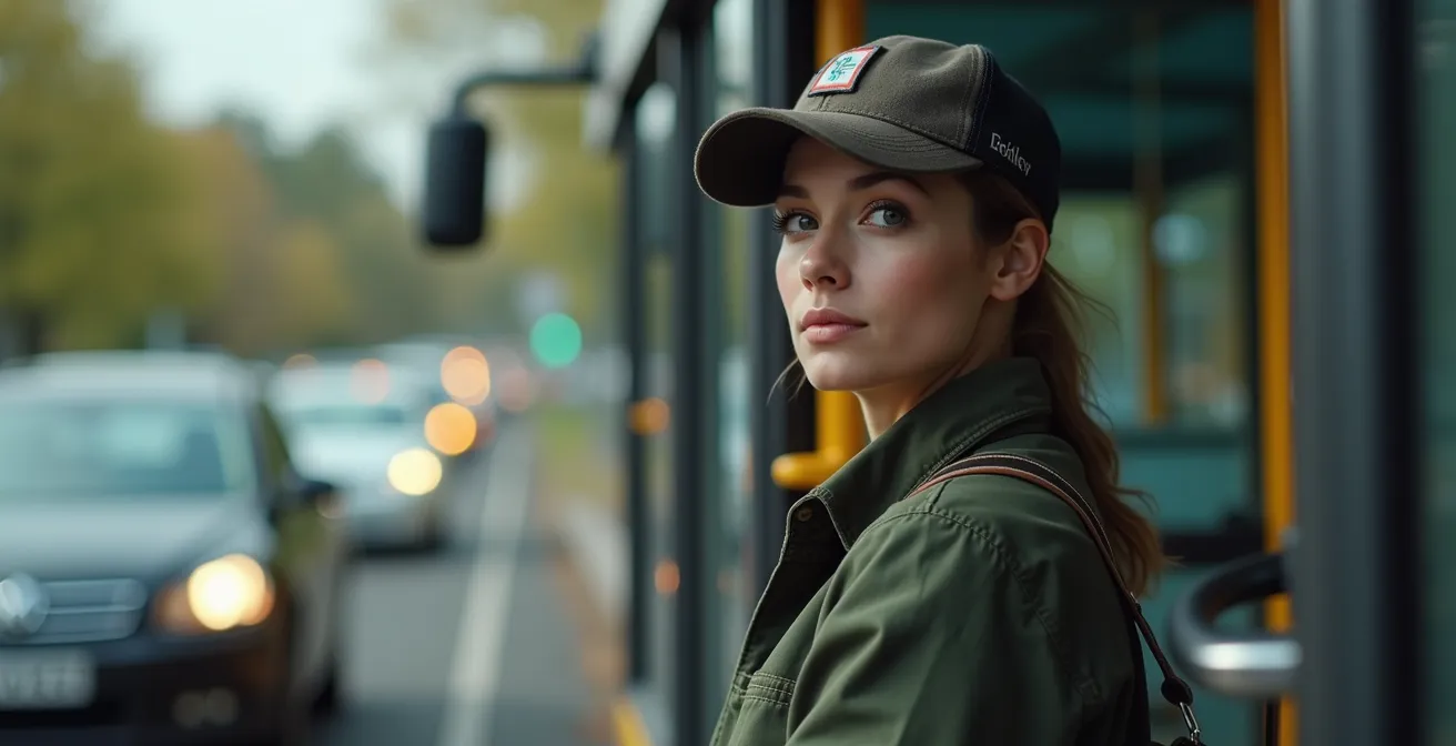 Photographie illustrant un professionnel naviguant entre voiture et bus dans un environnement périurbain pendant les heures de pointe