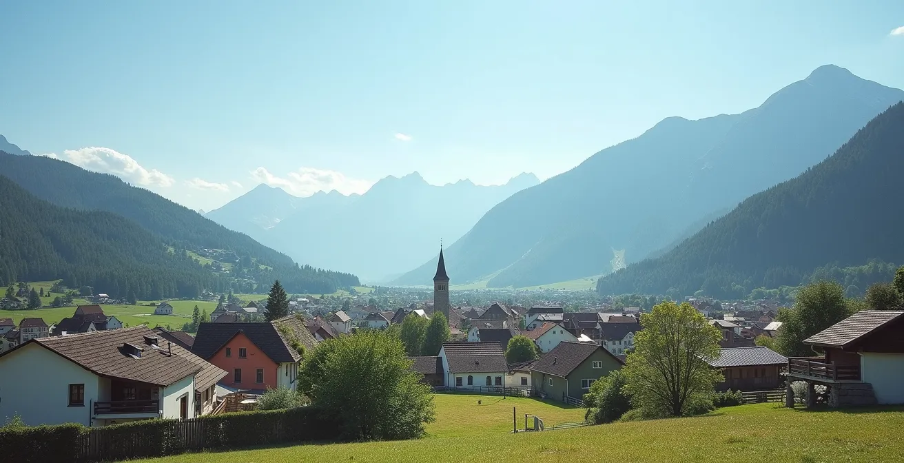 Paysage pittoresque de Neydens avec montagnes en arrière-plan, ciel clair et village paisible